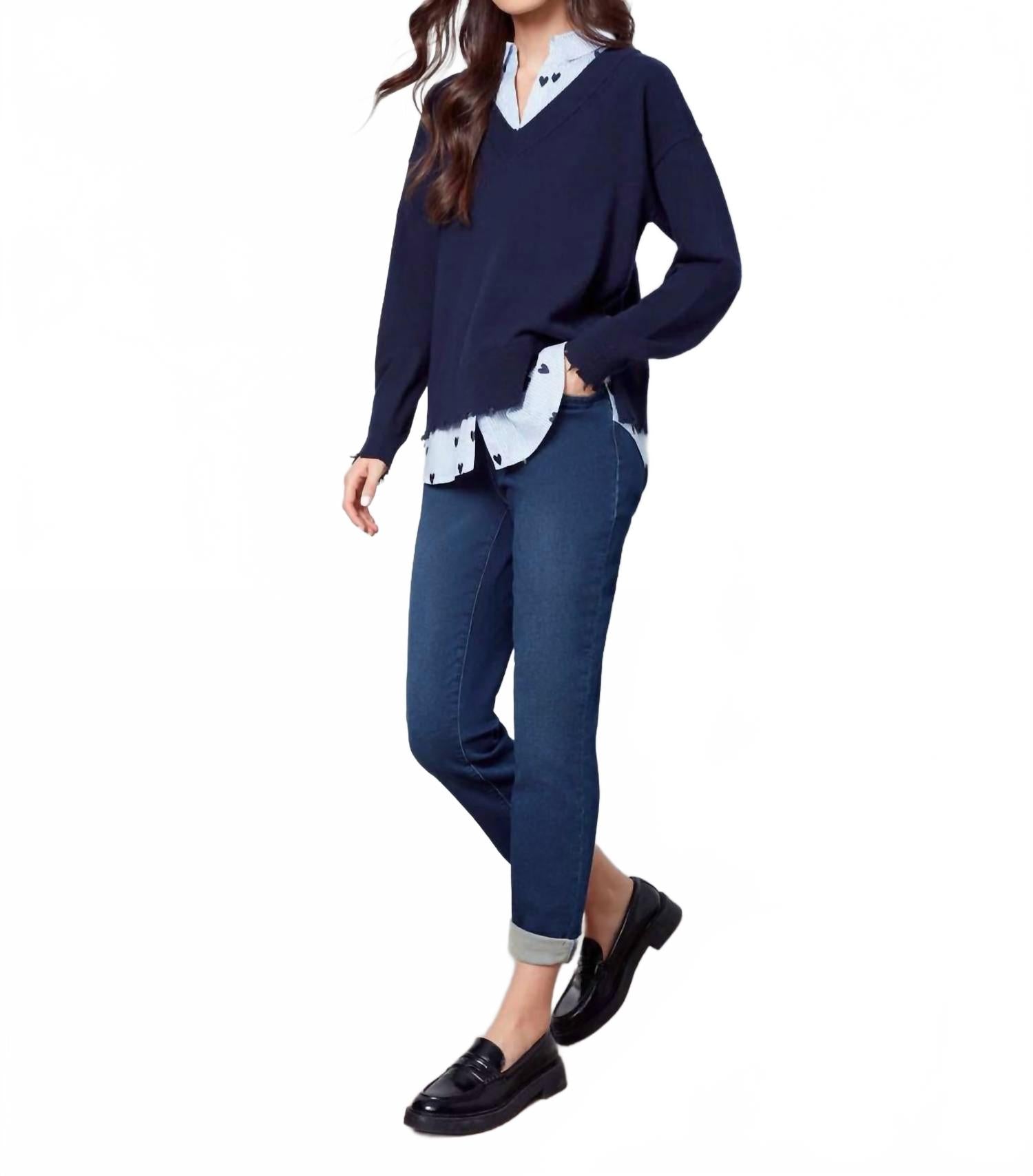 Margaret Layered Poplin Sweater In Navy
