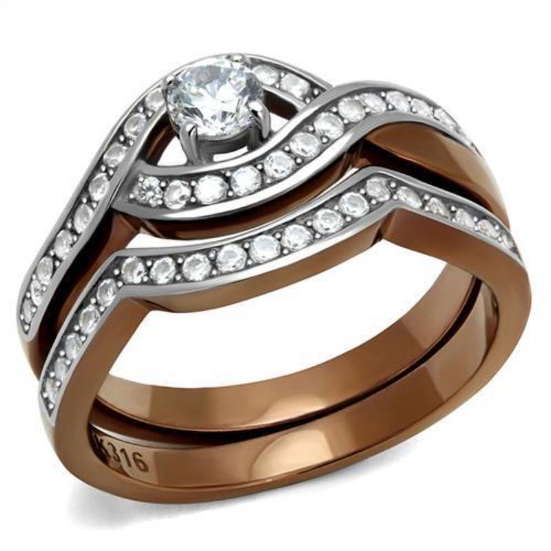 Two Tone IP Light Brown (IP Light coffee) Stainless Steel Ring with AAA Grade CZ in Clear