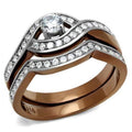 Two Tone IP Light Brown (IP Light coffee) Stainless Steel Ring with AAA Grade CZ in Clear