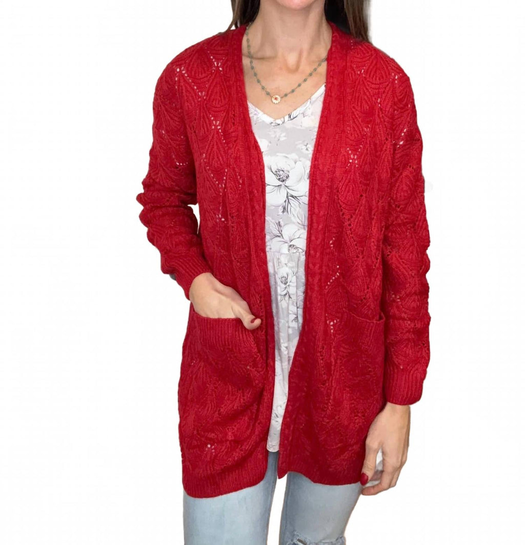 Romona Open Knit Cardigan In Red