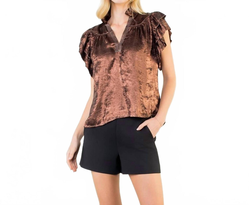 Flutter Sleeve Shimmery V Neck Top In Bronze