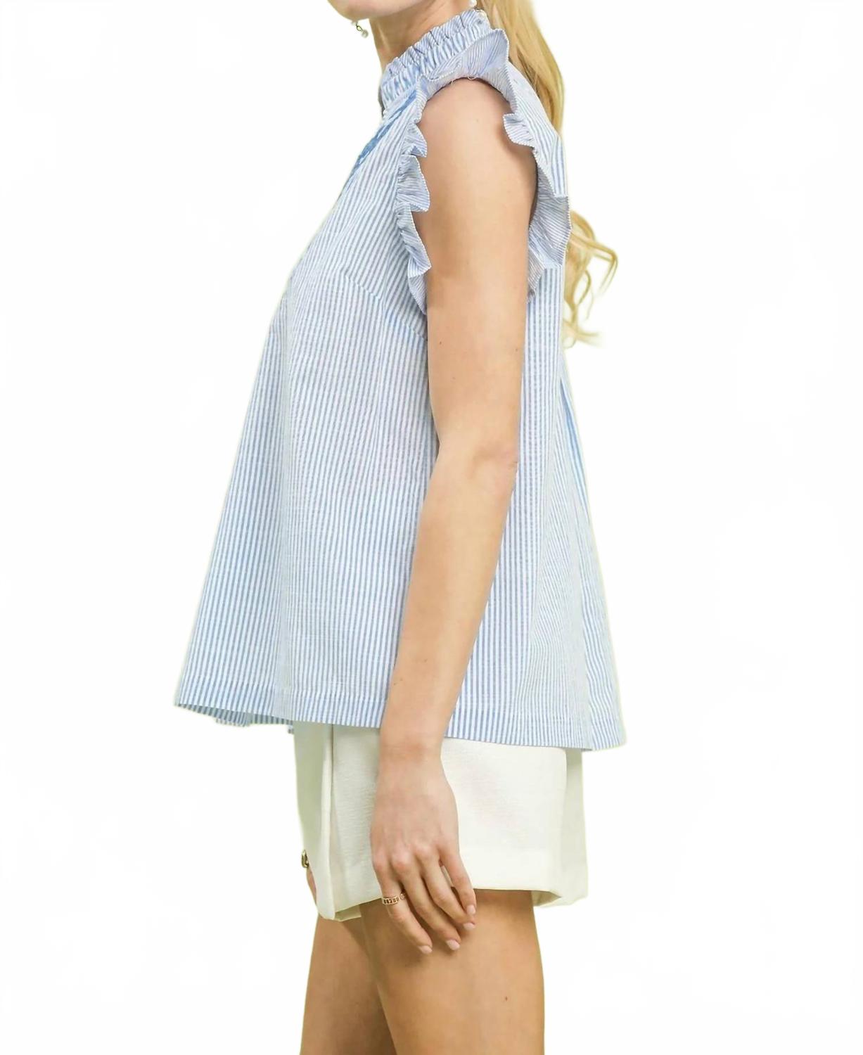 Embroidered Ruffle Sleeve Top In Blue