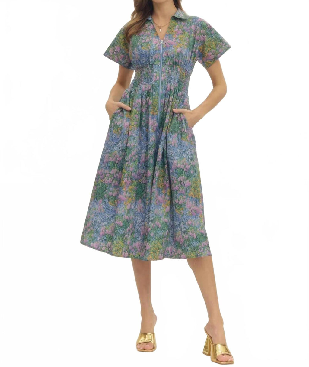 Impressionist Midi Dress In Blue