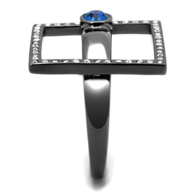 IP Light Black Stainless Steel Ring with Top Grade Crystal in Capri Blue