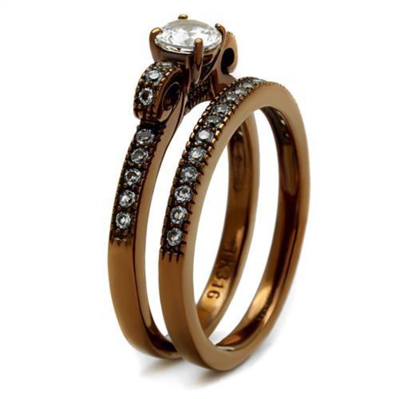 IP Coffee light Stainless Steel Ring with AAA Grade CZ in Clear