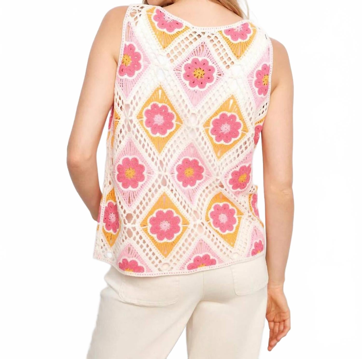 Sleeveless Crochet Cotton Blend Top In Floral