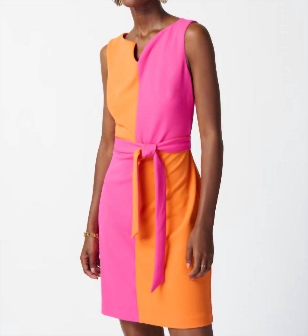 Colour-Blocked Belted Dress In Orange & Pink