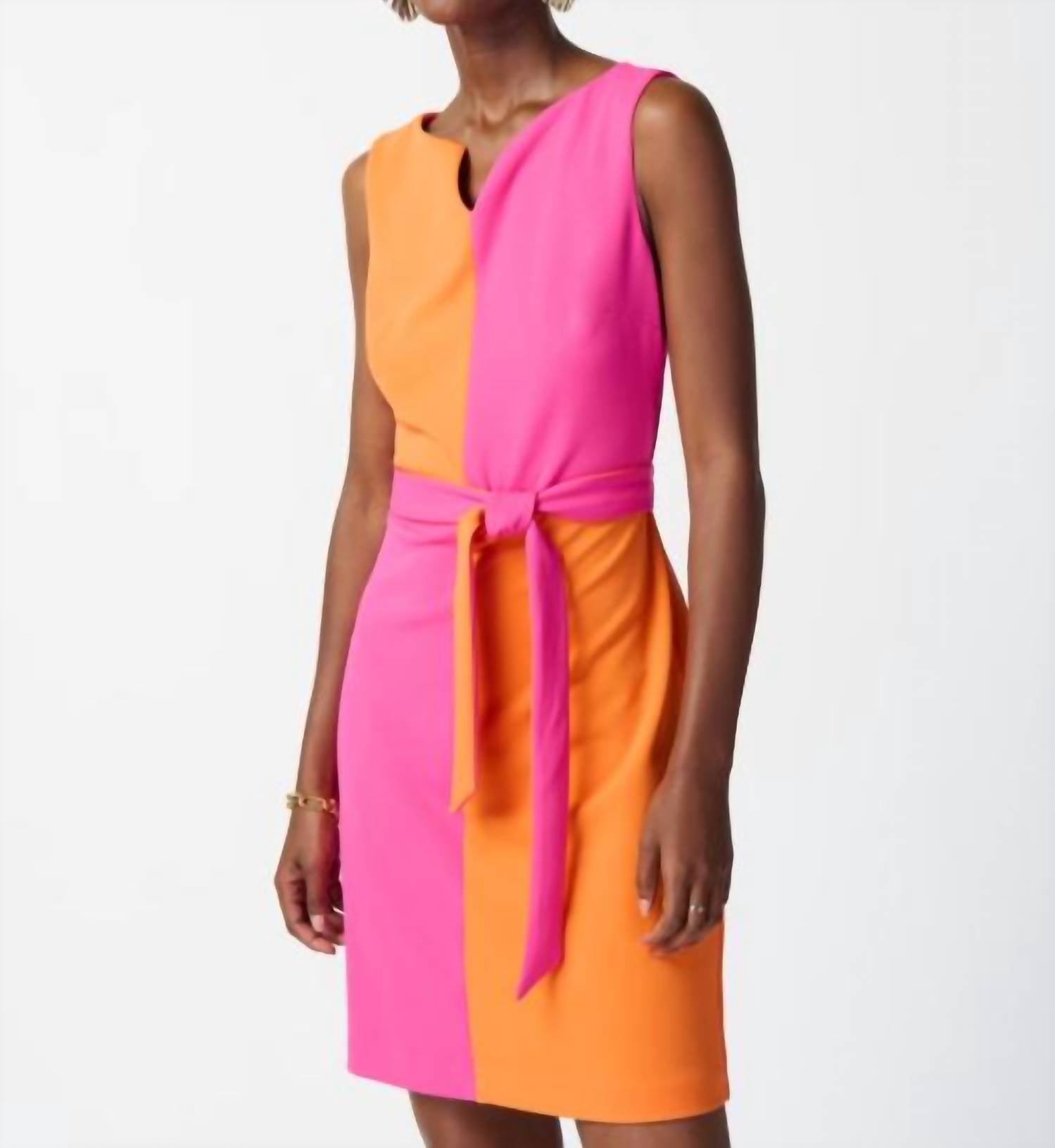 Colour-Blocked Belted Dress In Orange & Pink
