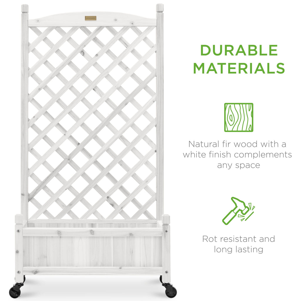 Best Choice Products Set of 2 48in Wood Planter Box & Diamond Lattice Trellis, w/ Drainage, Optional Wheels - White