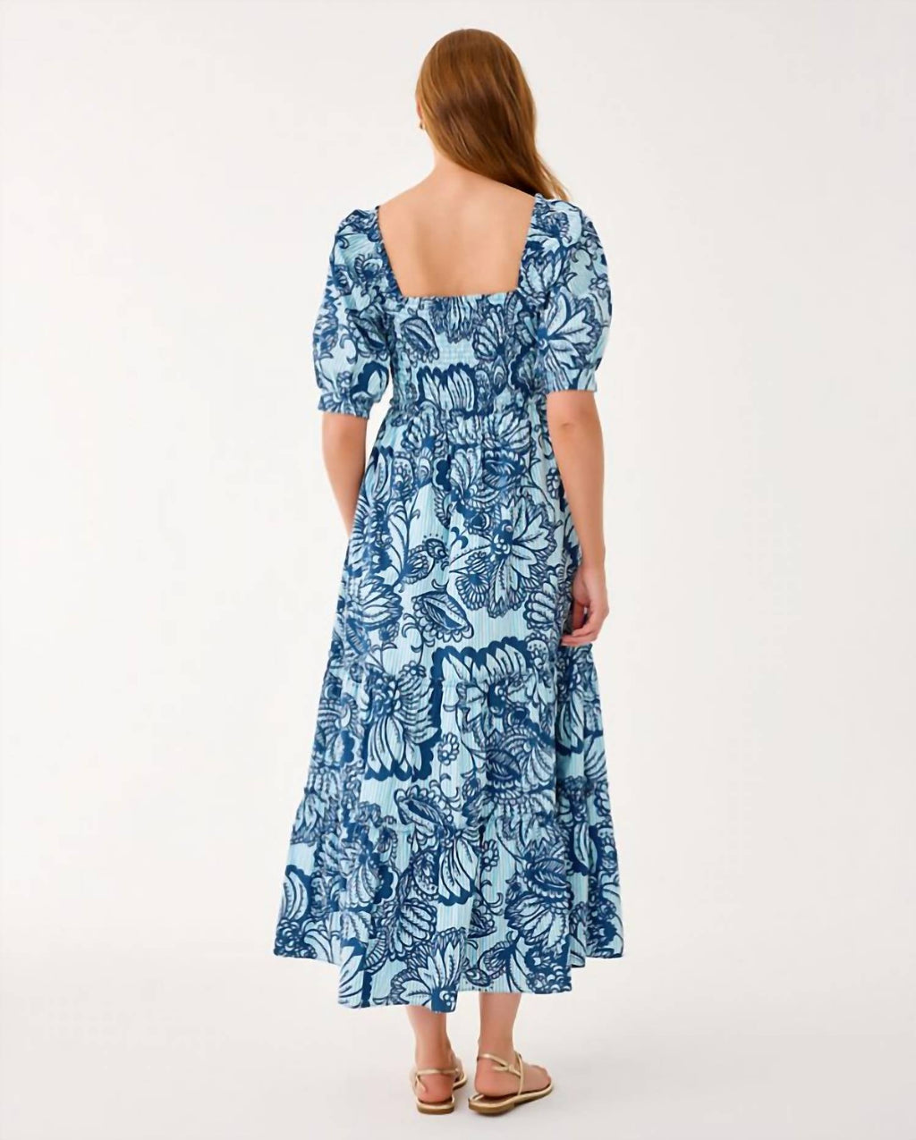 Hadly Short Sleeve Smocked Maxi Dress In Starlight Navy/proud As A Peacock Stripe