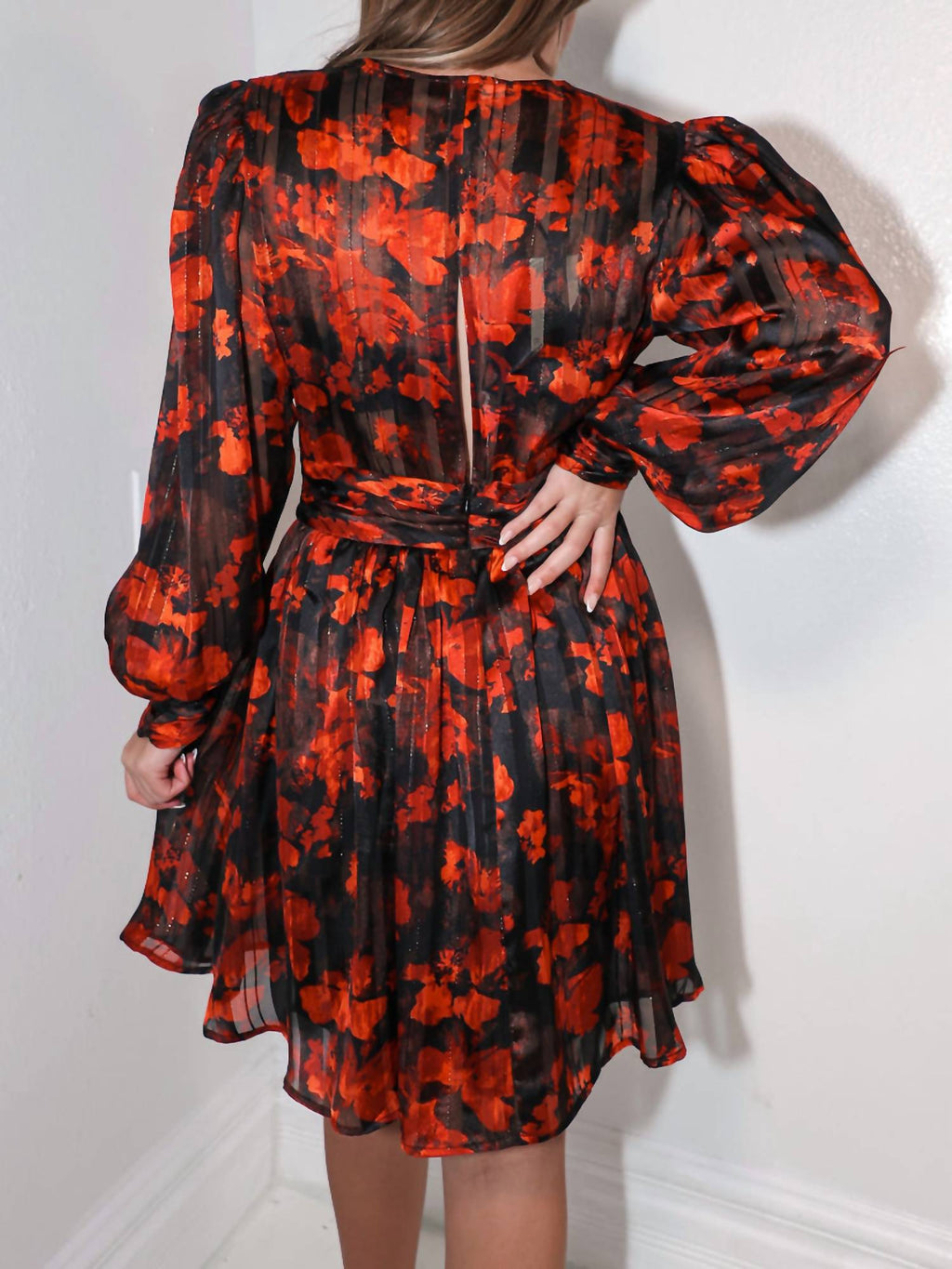 Floral Long Sleeve Mini Dress In Red