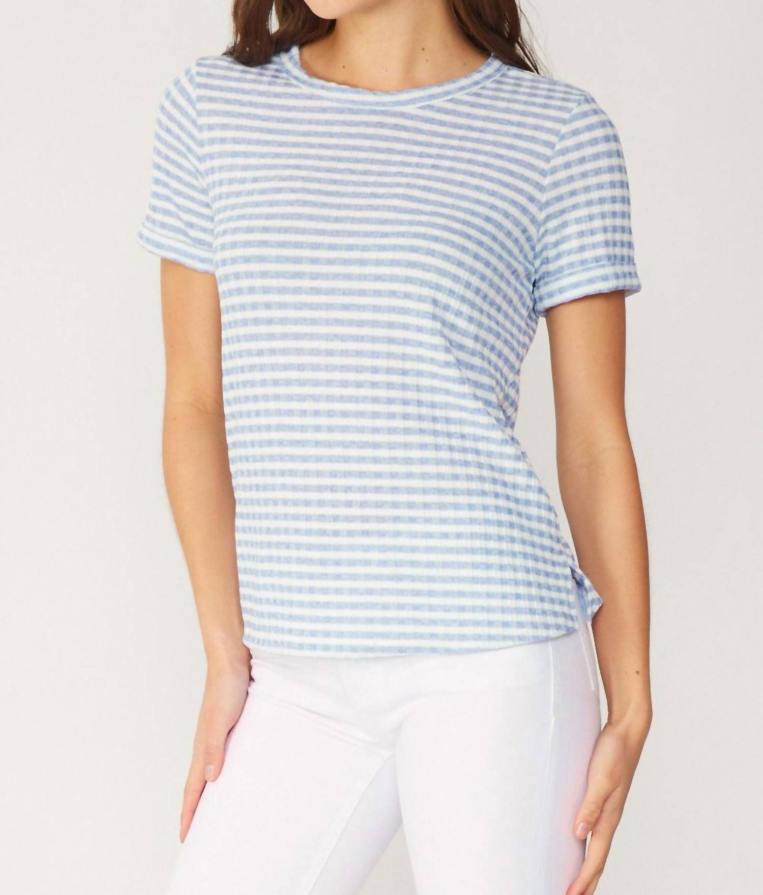 Stripe Ribbed Knit Short Sleeve Top In Light Blue