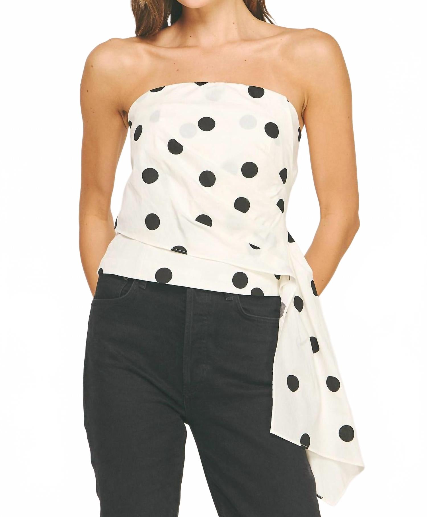 Draped Pleat Detail Polka Corset Tube Top In Off White/black