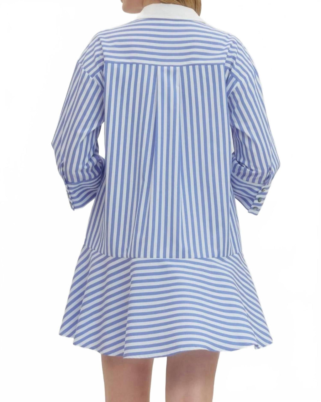 Striped Collared Three Quarter Sleeve Mini Dress In Blue