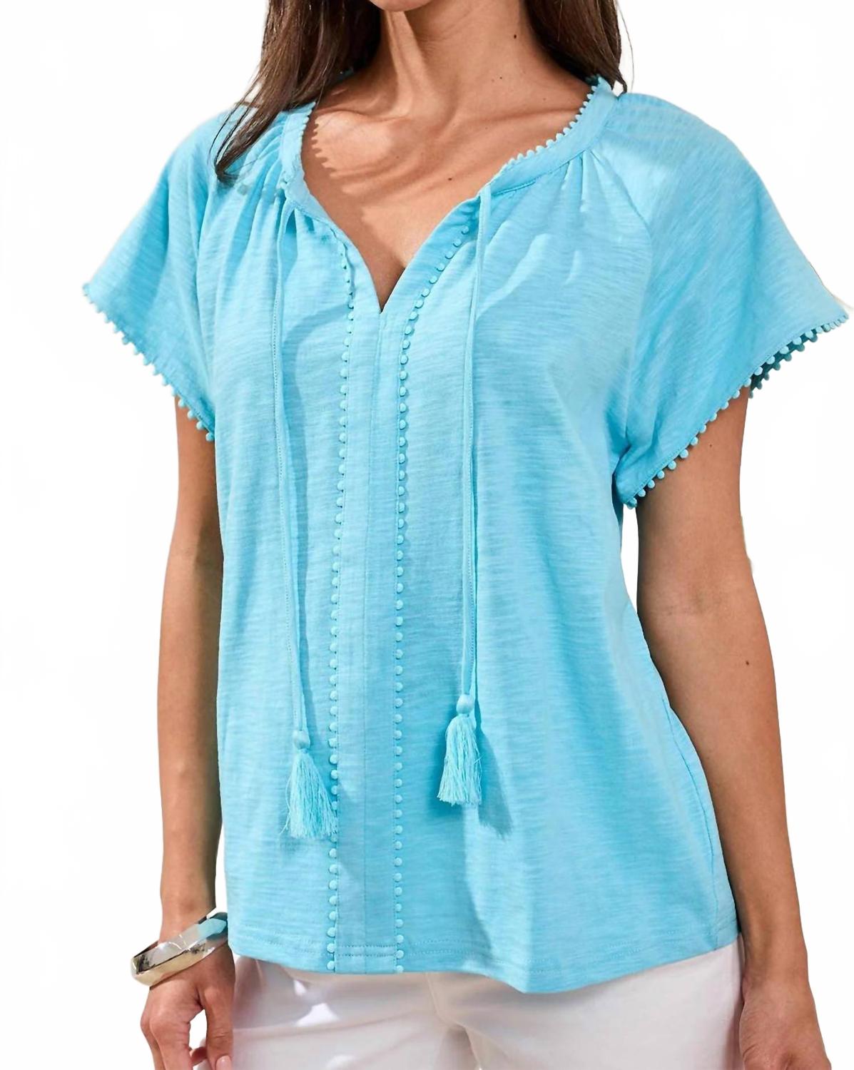 Cotton Slub Split Neck Tassel Top In Blue