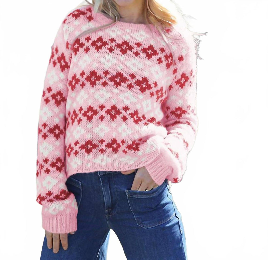 Shrunken Fairisle Chunky Crew Sweater In Blush Multi
