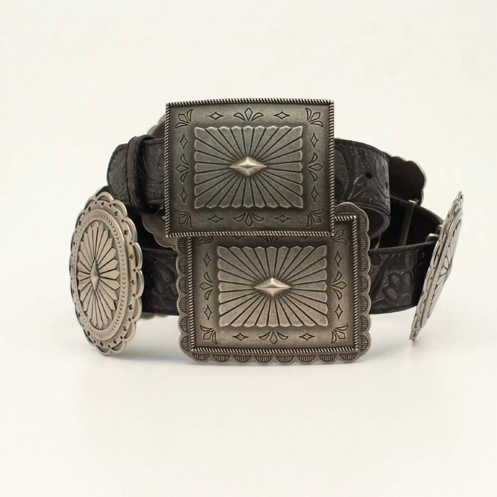 Women's Large Concho Oval And Rectangle Belt In Black/silver