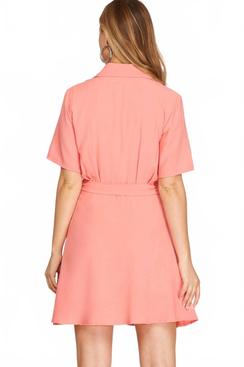 Short Sleeve Wrap Dress With Front Side Tie In Coral Pink
