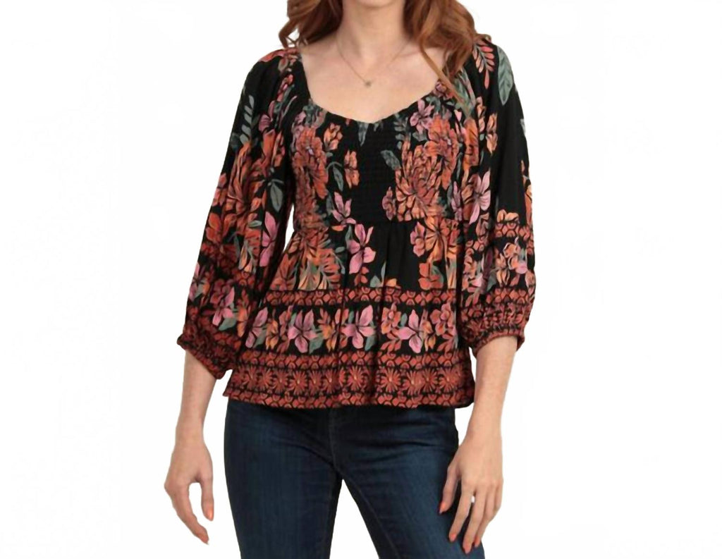 Smocked Bodice Off Shoulder Top In Black, Orange, Pink