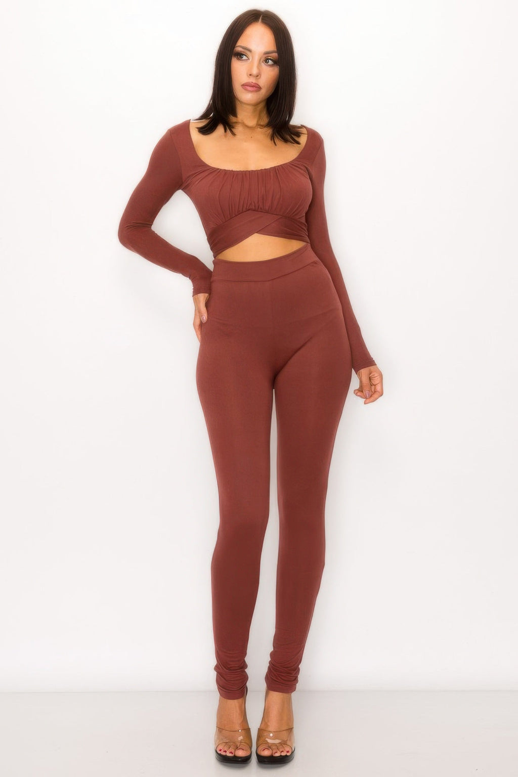 Front Shirring Back Tie Skinny Jumpsuit