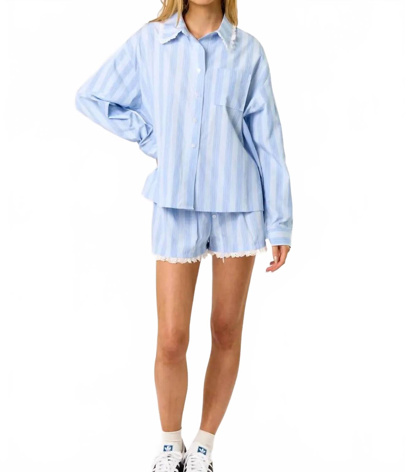 Long Sleeve And Shorts Pajama Set In Blue Striped
