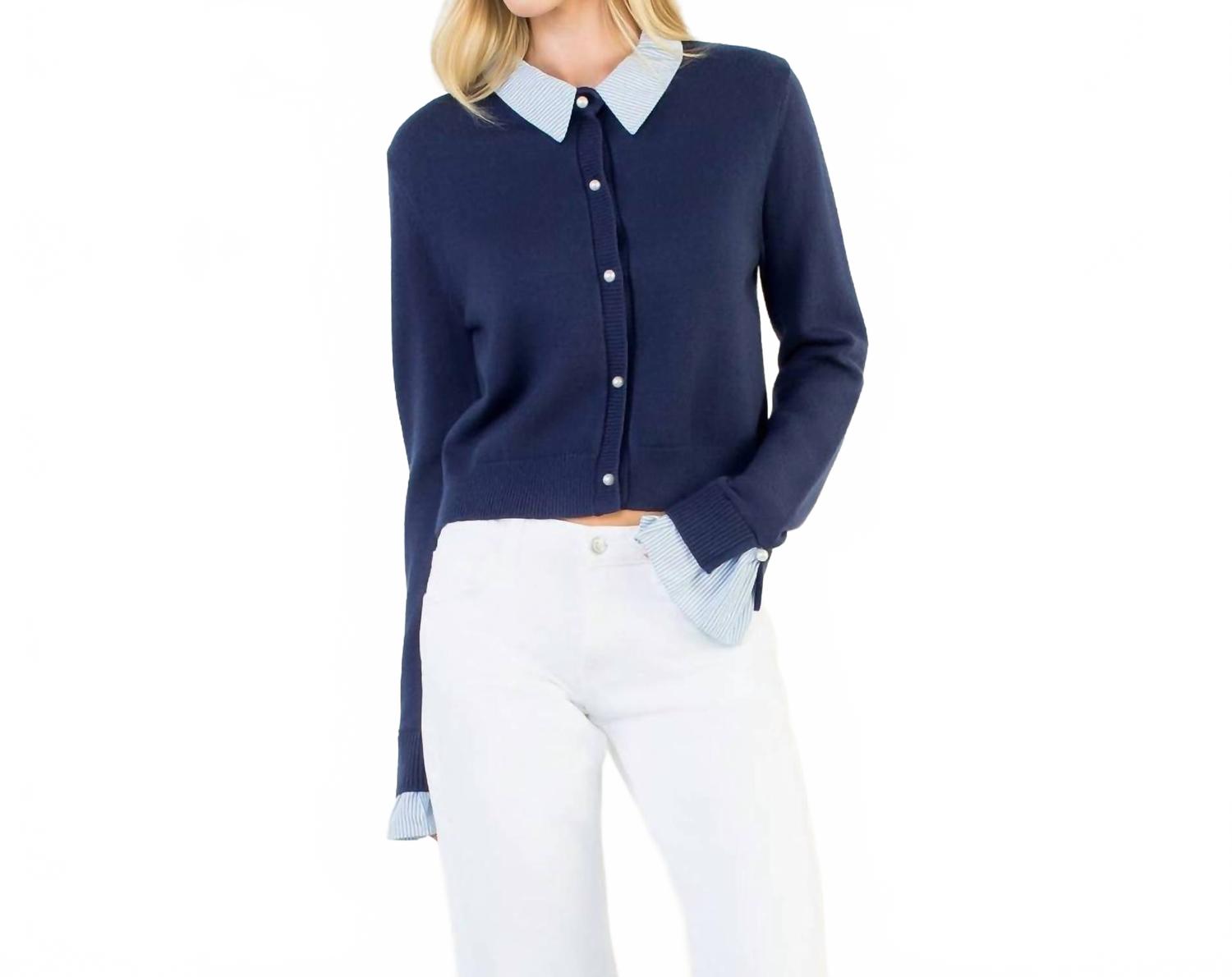 Pearl Button Mixed Media Collared Knit Top In Blue