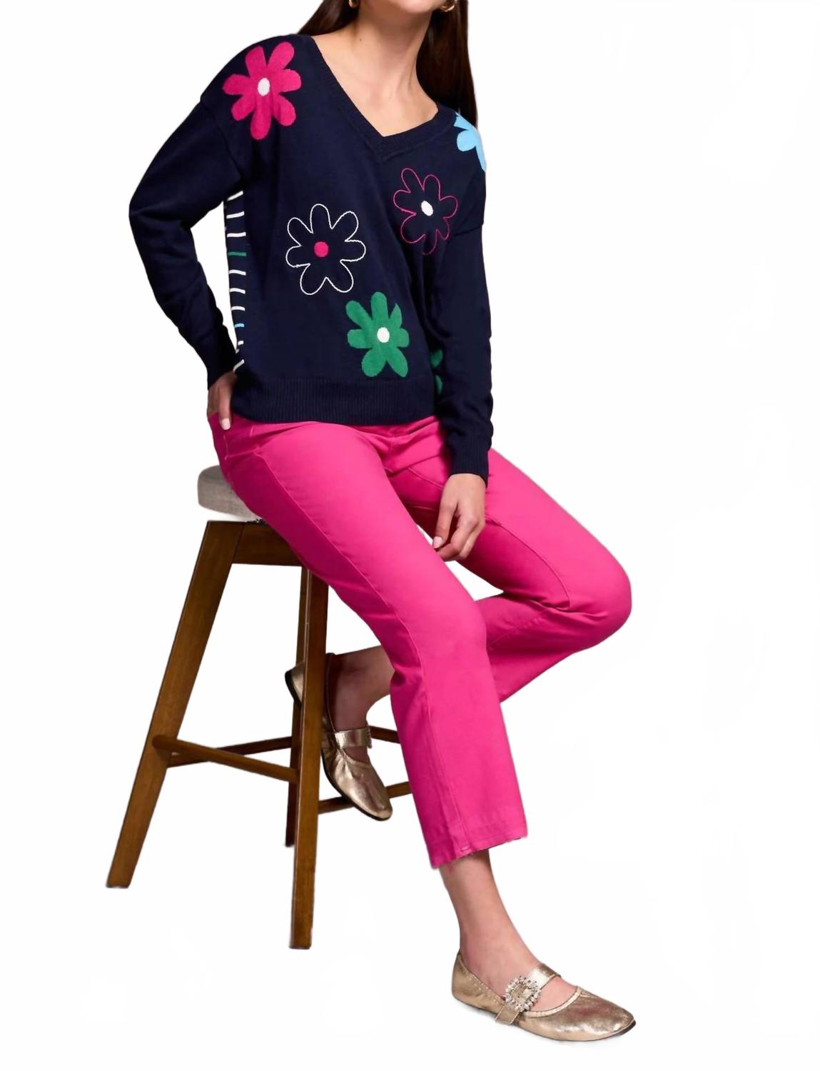 Embroidered Daisy Flowers Front Cotton Sweater In Navy