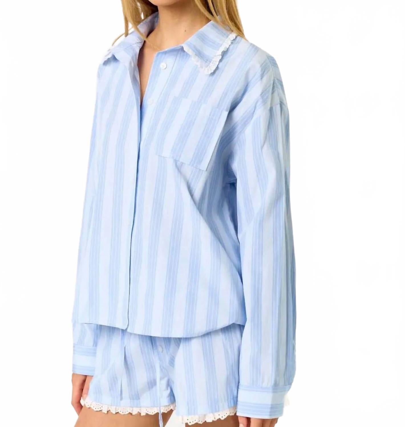 Long Sleeve And Shorts Pajama Set In Blue Striped