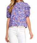 Button Up Floral Ruffle Blouse In Purple
