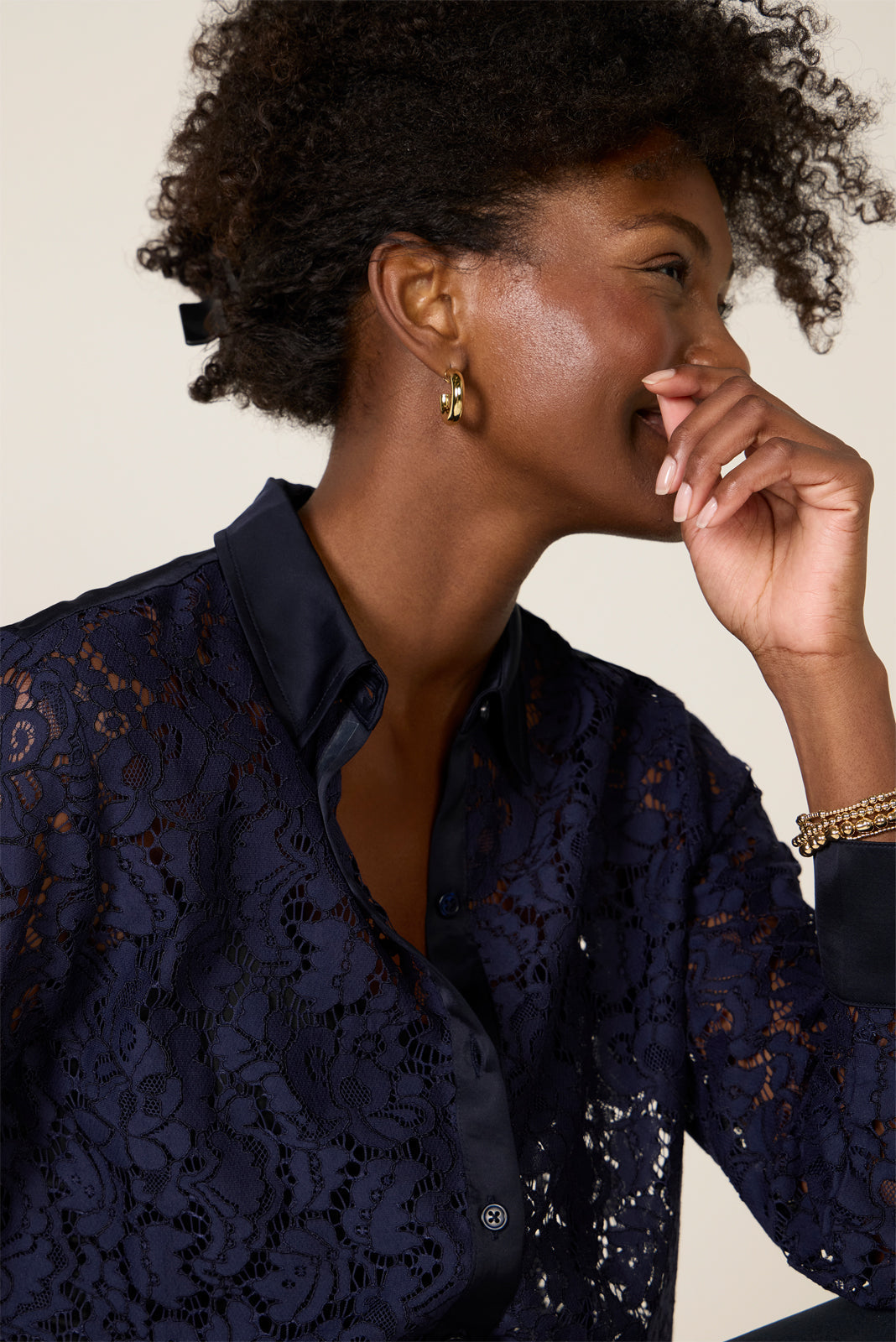 Women's Lace Contrast Button Down Shirt