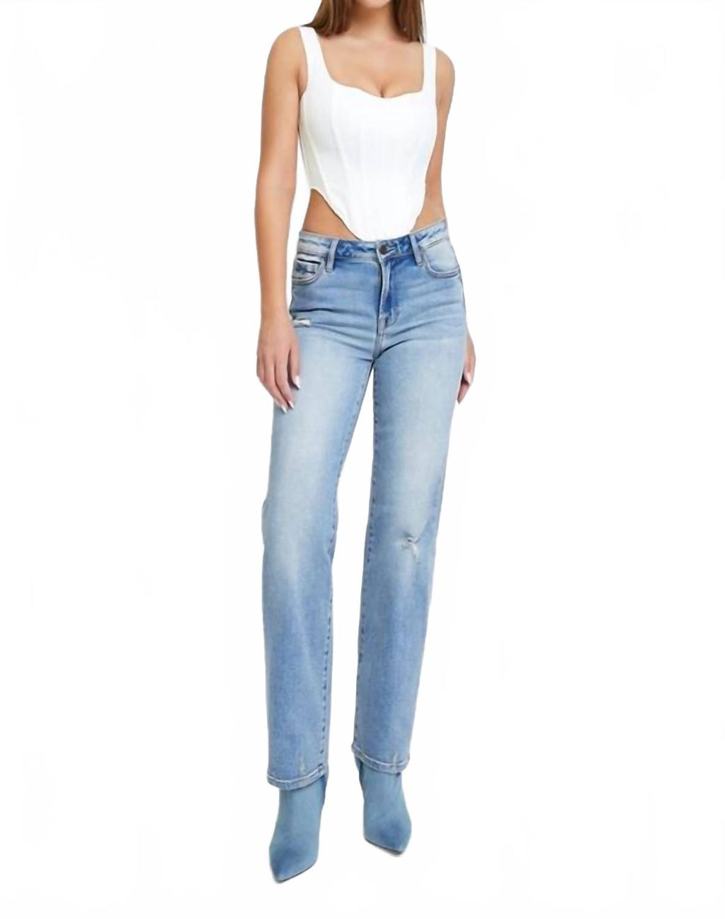 Tracey Mid Rise Straight Jeans In Light Blue