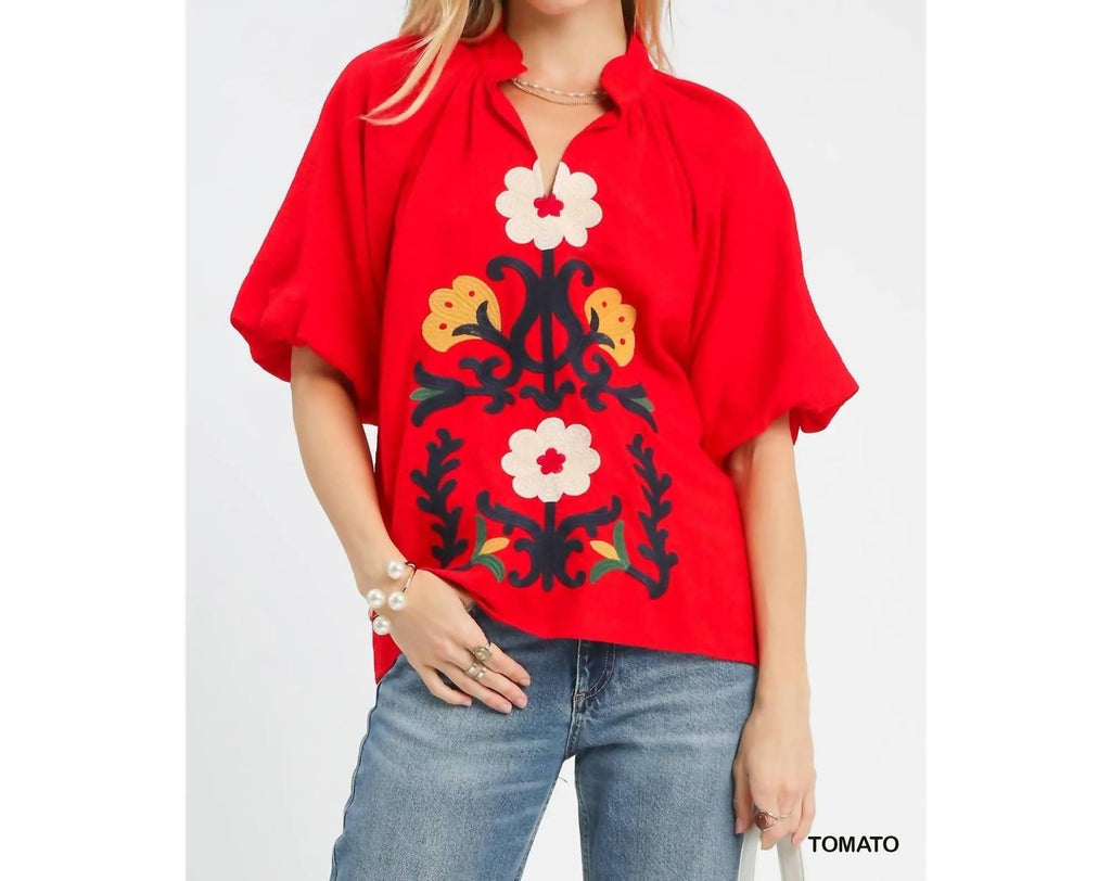 Embroidered Boho Top In Tomato