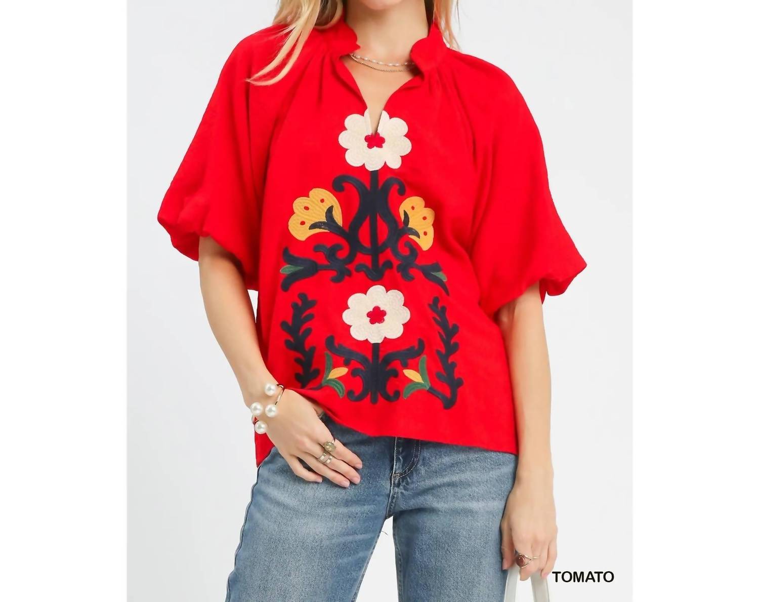 Embroidered Boho Top In Tomato