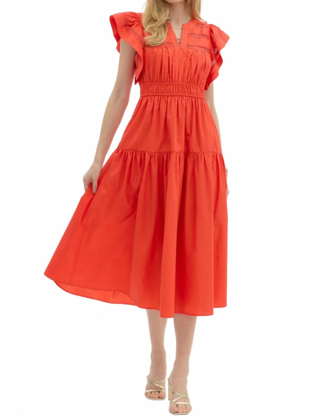 Flutter Sleeve Dress In Coral