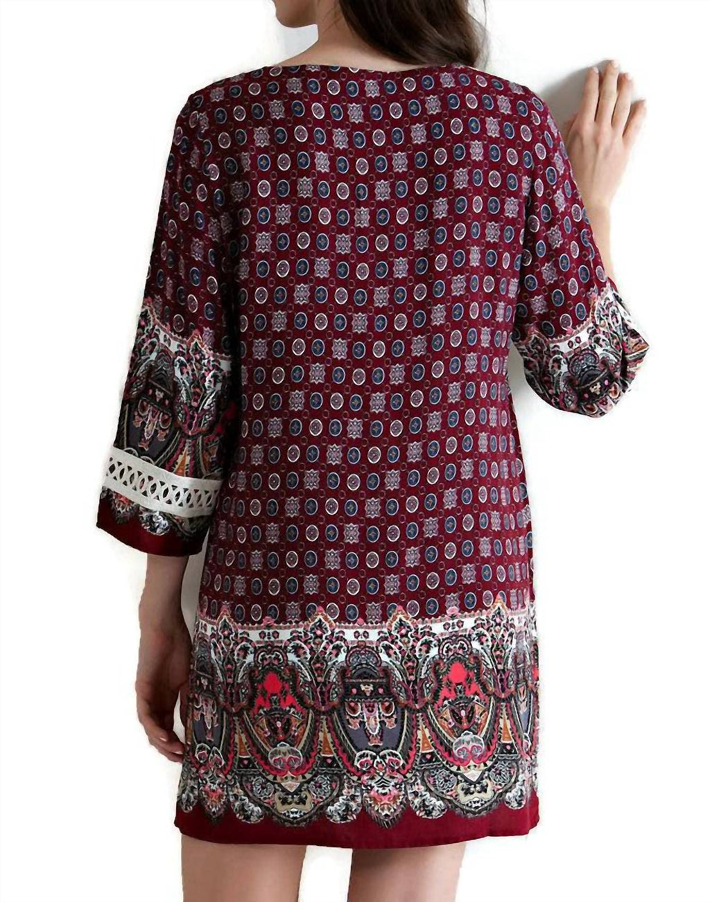 Border Print Tassel Tie Mini Dress In Burgundy