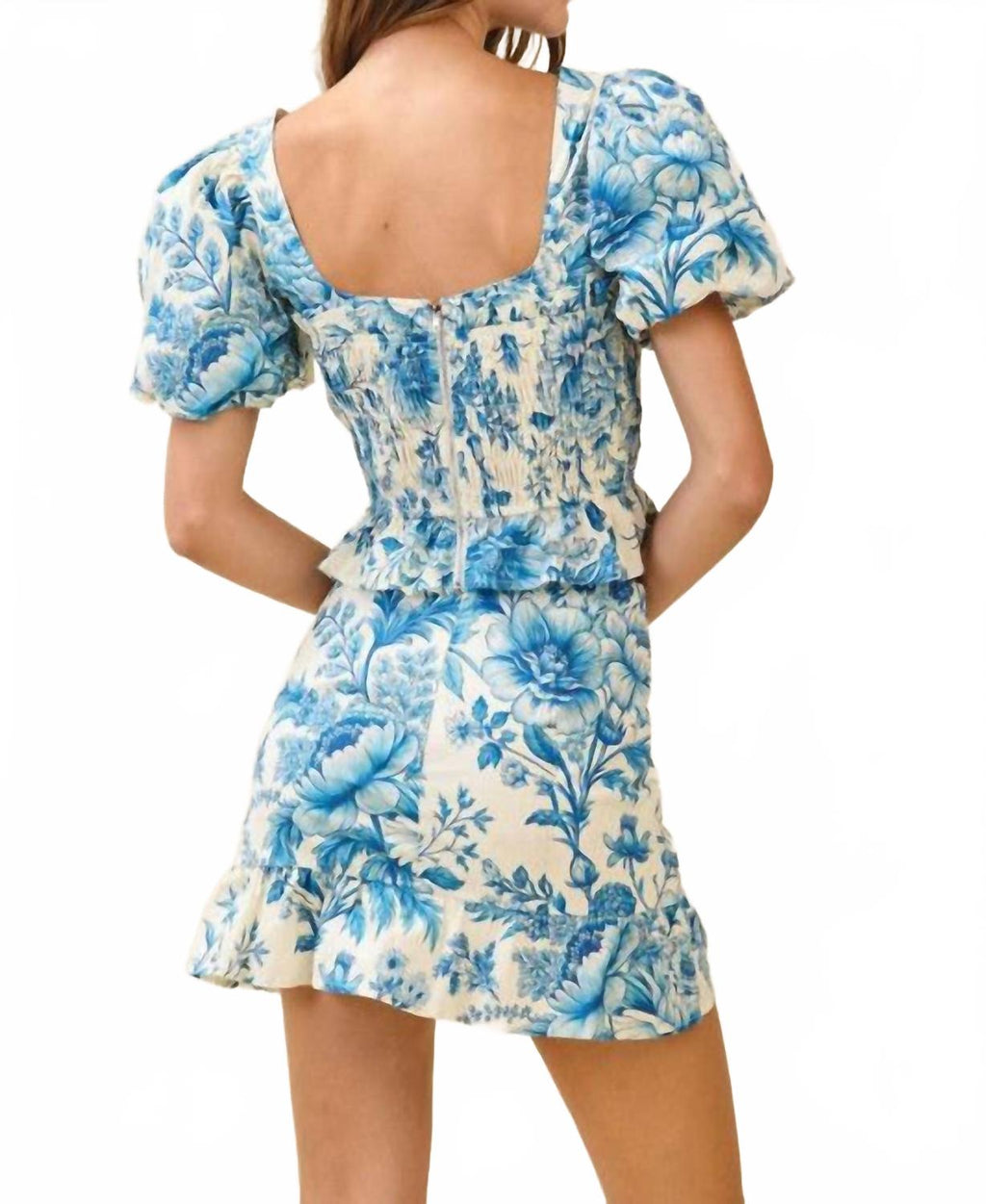 Floral Print Smocked Bodice Puff Sleeves Top And Skirt Set In Azul
