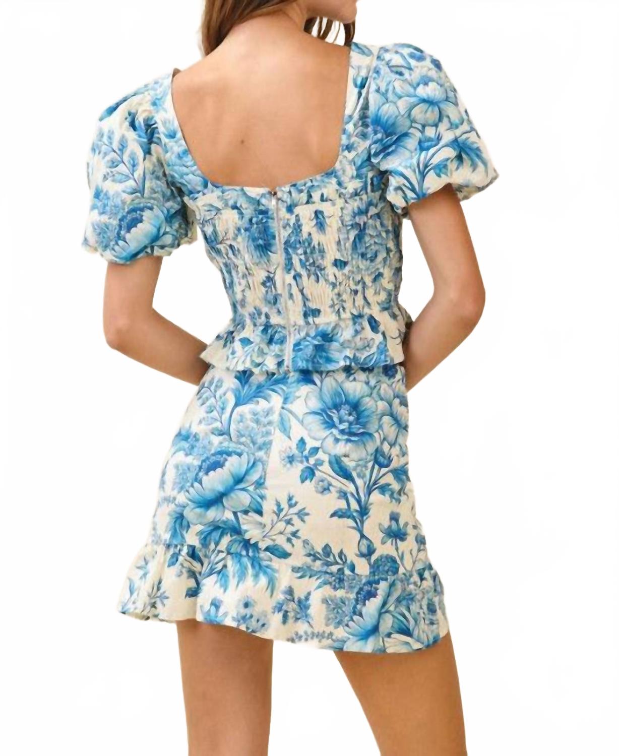 Floral Print Smocked Bodice Puff Sleeves Top And Skirt Set In Azul
