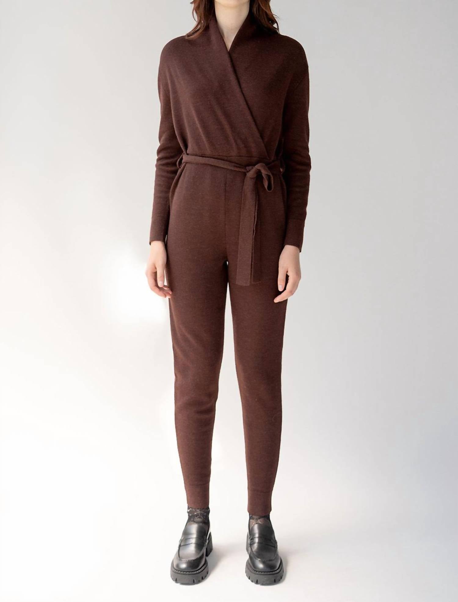 Wrap Neck Jumpsuit In Mahogany