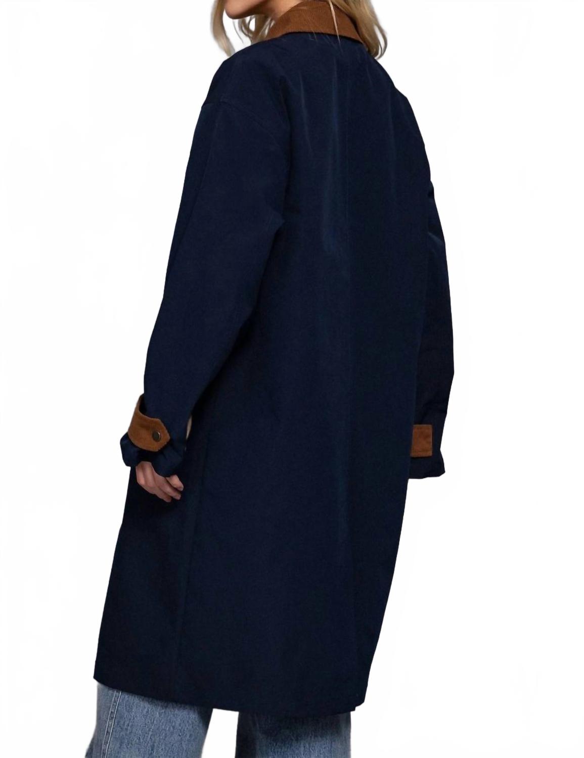 Long Sleeve Contrast Collar Button Down Trench Coat In Navy