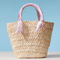 Shell Print Fabric Scarf Wrapped Handle Raffia Tote Bag