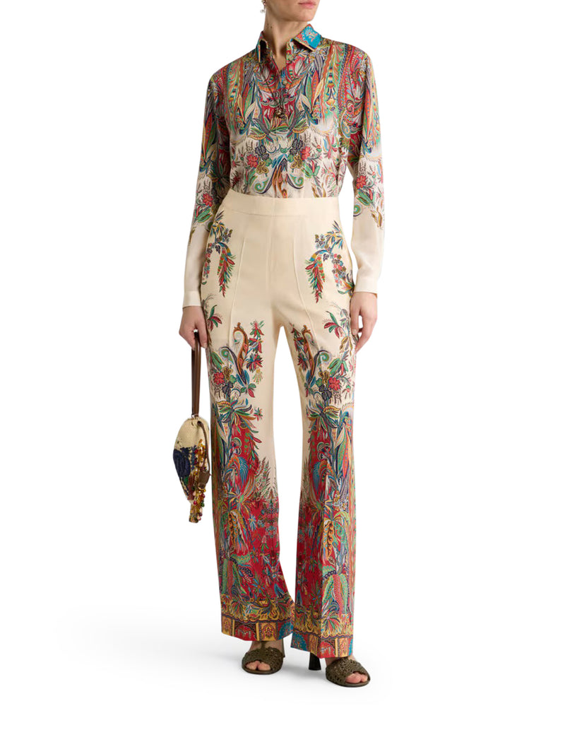 Etro Women Long Silk Shirt With Placed Paisley Foliage Print
