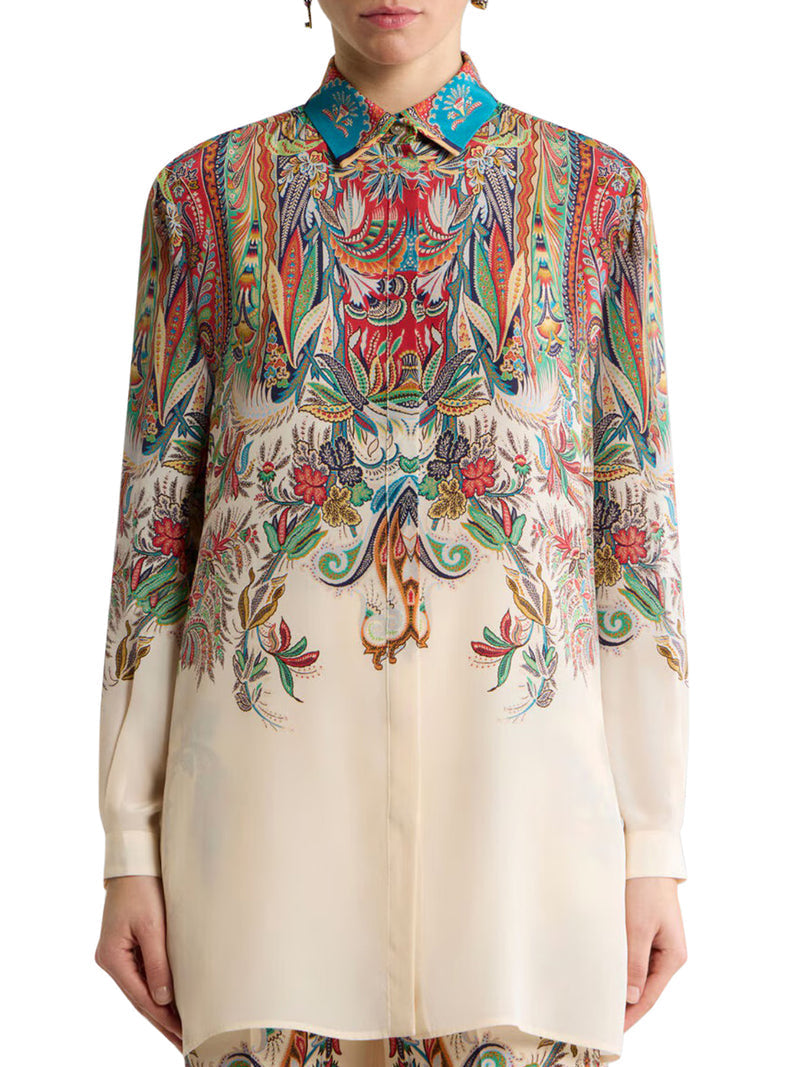Etro Women Long Silk Shirt With Placed Paisley Foliage Print