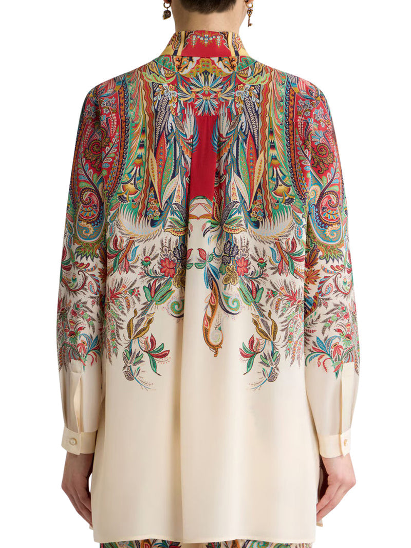 Etro Women Long Silk Shirt With Placed Paisley Foliage Print
