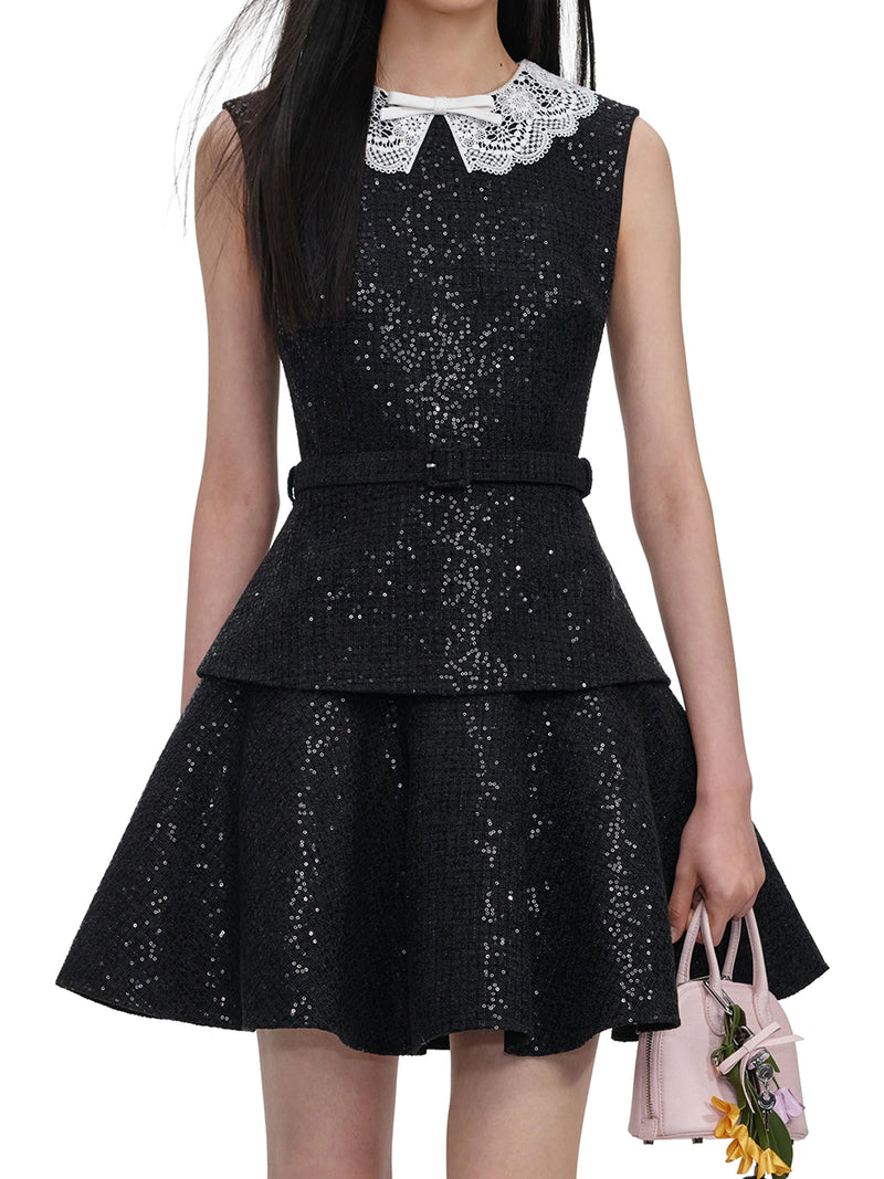 Self-Portrait Women Black Sequin Boucle Mini Dress