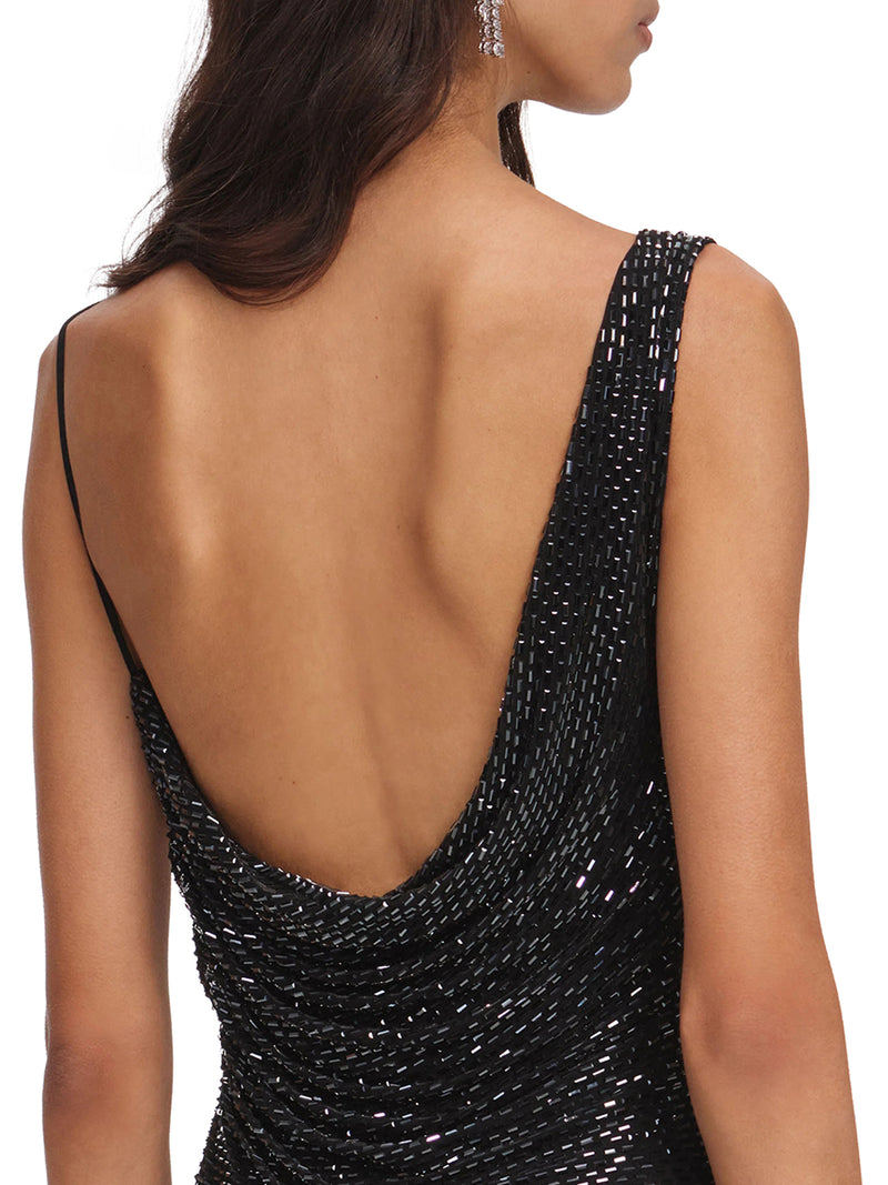 Self-Portrait Women Long Black Draped Dress With Rhinestone