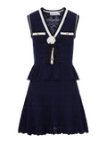Self-Portrait Women Navy Blue Peplum Quilted Knit Mini Dress