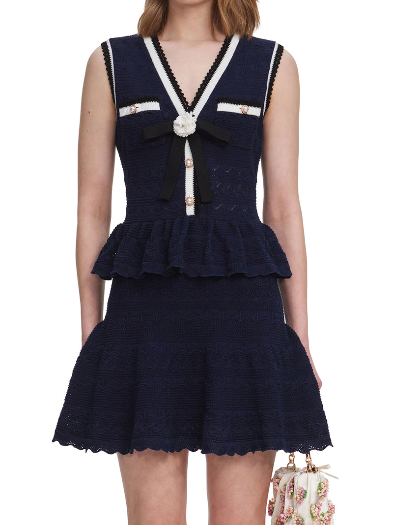 Self-Portrait Women Navy Blue Peplum Quilted Knit Mini Dress