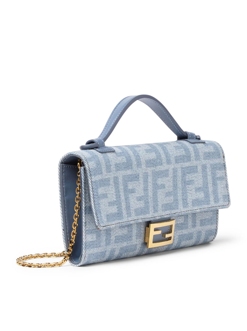 Fendi Women Continental With Chain Baguette Denim Wallet Ff Light Blue