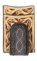 Men's Leather Hand Tooled Money Clip Wallet In Black/tan