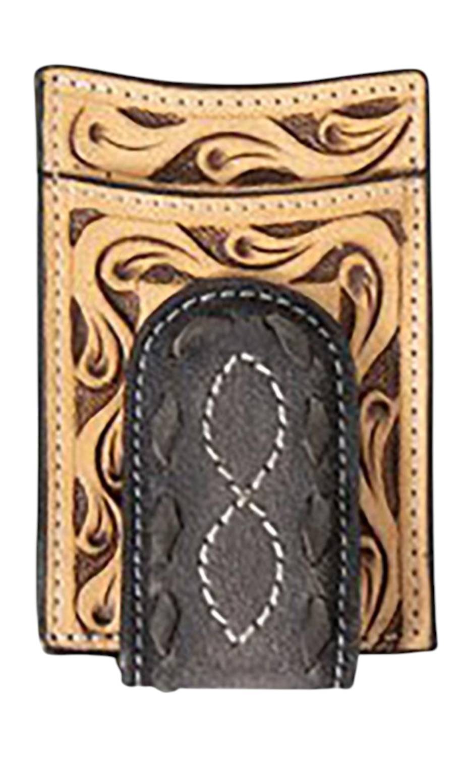 Men's Leather Hand Tooled Money Clip Wallet In Black/tan